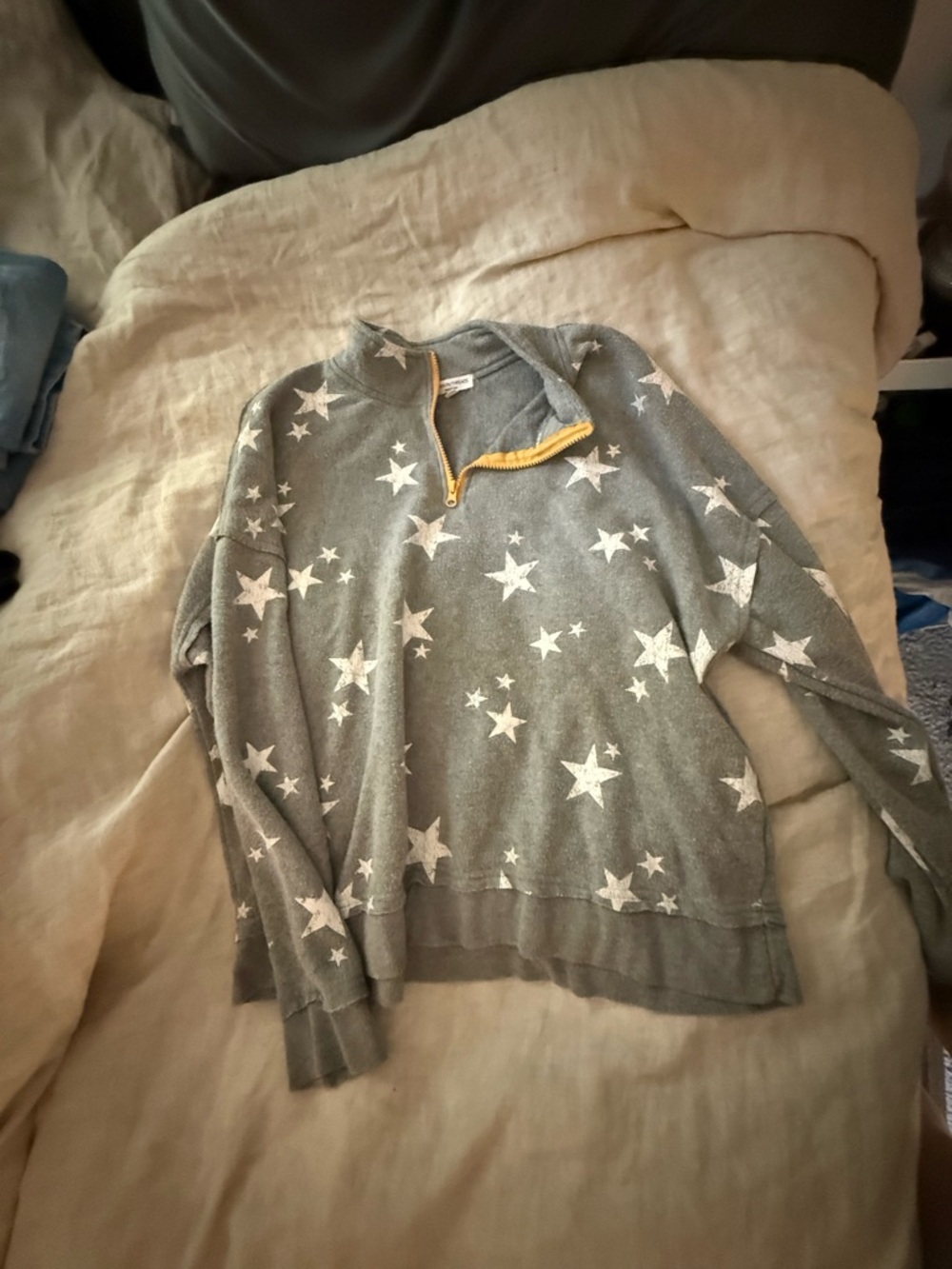 Grayson Threads Gray Star-Print Quarter-Zip Sweater with Yellow Trim